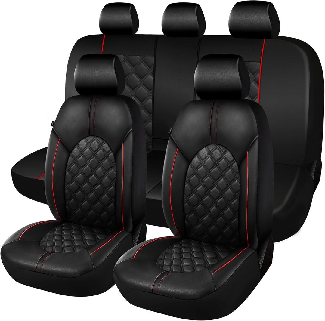 CAROMOP Luxury PU Leather Car Seat Covers Full Set-Waterproof Seat Protectors with Split Bench Seat Covers for Cars-Universal Cars Interior Covers for Sedans, SUVs, Pick-up Trucks (Black/Red Line)