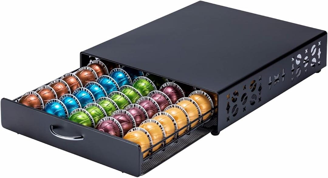 ZCDCP Nespresso Pod Holder Vertuo pod Storage Drawer Black Metal Coffee Pod Holder for Vertuoline Capsule Orgainzer 50 Pods