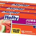 Hefty Slider Jumbo Storage Bags, 2.5 Gallon Size, 3 Boxes of 15 Bags (45 Total)