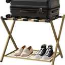 Smuxee Fully Assembled Gold Luggage Rack, Foldable Iron Suitcase Stand with 5 Nylon Straps, Luggage Holder with Shelf for Guest Room Bedroom Hotel