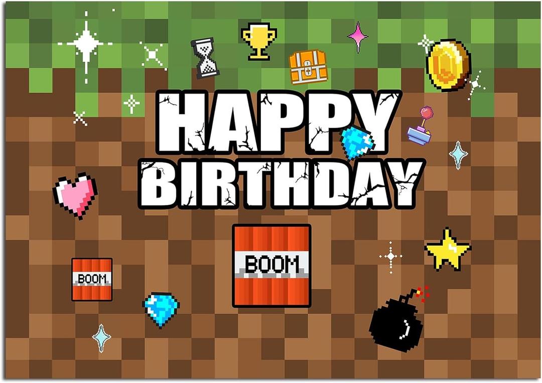 Pixel Backdrop Happy Birthday Party Decoration 7x5Ft Video Game Themed Banner Gaming Gamer Photo Background for Kids Boy Cake Table Supplies Favors