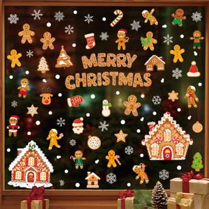 107Pcs Gingerbread Man Window Cling Stickers for Christmas Decorations Cute Elk Snowman Snowflake House Designs Christmas Window Clings Xmas Windows Decals for Home Class Decor Indoor Party Supplies