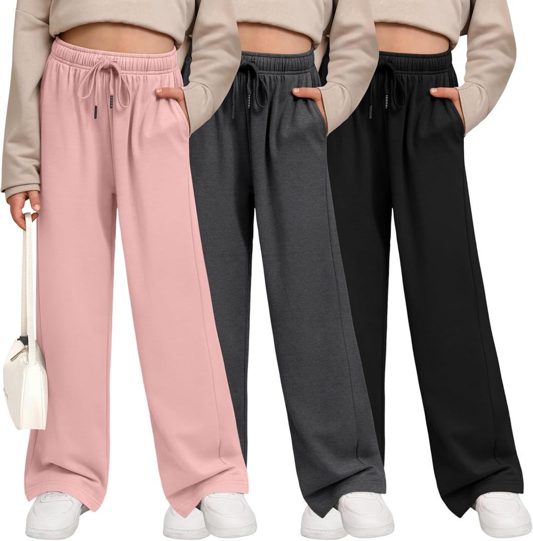 3 Pack Girls' Sweatpants Wide Leg Drawstring Casual Kids Joggers Open Bottom Loose Solid Teen Pants with Pockets (Large, Light Pink, Dark Gray, Black)