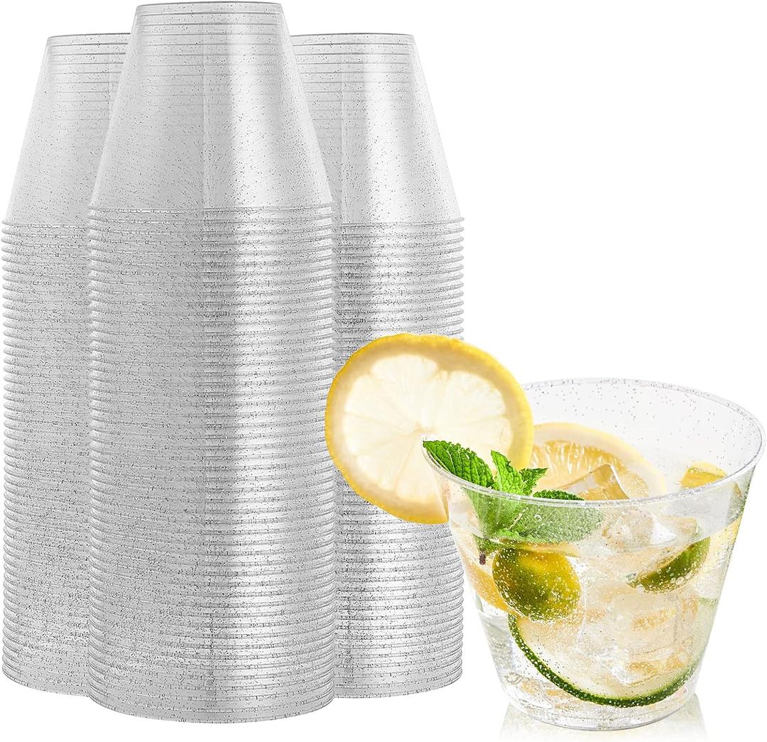 FOCUSLINE 100 Pack Silver Glitter Plastic Cups 9 oz Clear Plastic Cups Tumblers, Fancy Disposable Hard Plastic Cups with Silver Glitter for Wedding Cups Elegant Party Cups