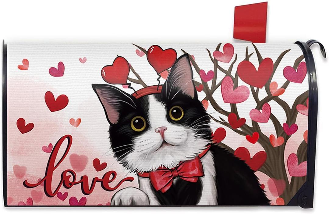 2 x Valentines Day Tuxedo Cat Mailbox Cover Magnetic Standard Size 20.5" x 18", Love Heart Tree Decorative Post Letter Box Wrap Decor, Wedding Garden Yard Outdoor Decoration Pet Lover Gift