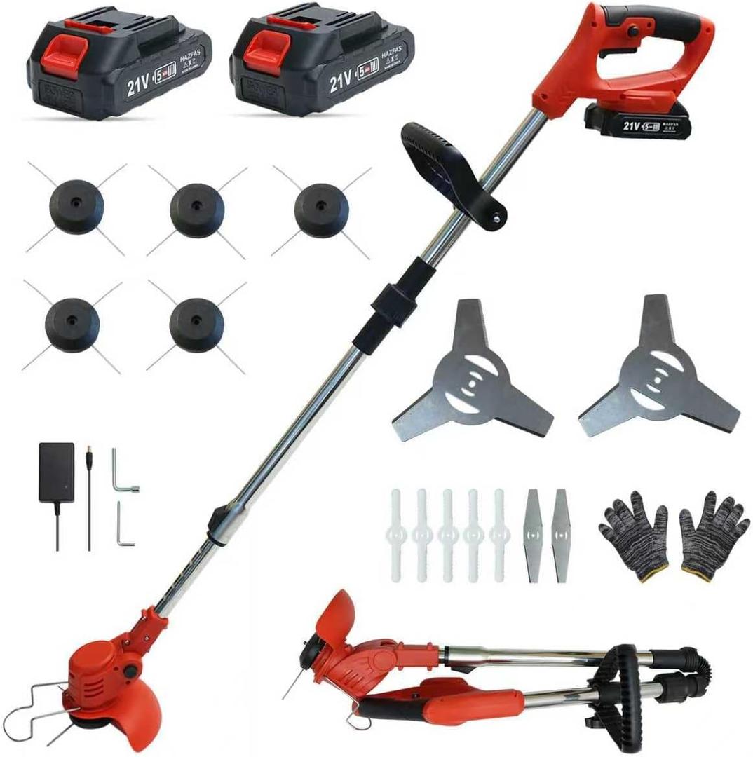 Cordless String Trimmer, Weed Wacker, Nylon Trimmer Head as Its Core Cutting Accessory, Telescopic Shaft and Foldable, 2 x Batteries, String Trimmer Cordless for Lawn, Garden and Yard, Red