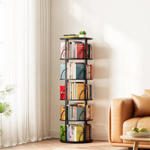 SpaceAid 5 Tier Rotating Bookshelf Tower, 360 Display Stackable Spinning Bookcase, Space Saving Revolving Round Book Shelf, Floor Standing Swivel Corner Organizer, Black, 5 Tier, 55.1" H