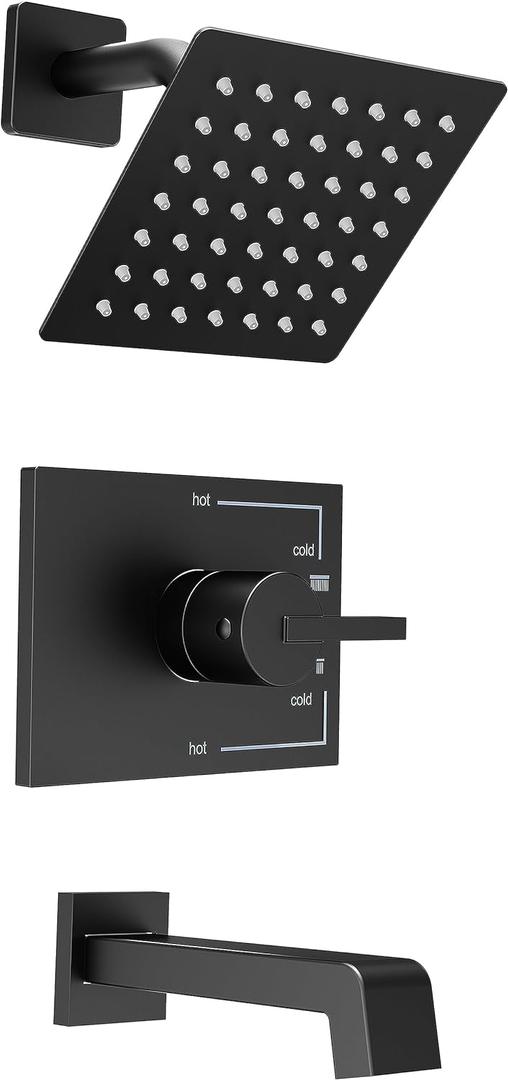Shower Fixtures, Black Shower Faucet Set with 6 Inch Matte Black Shower Head and Tub Spout, Black Shower Head and Handle Set (Valve Included)