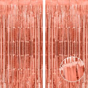2 x Thicken Rose Gold Foil Fringe Curtains Decorations 3.2x8.2ft - 2 Pack, Photo Backdrop for Birthday Bachelorette Bridal Shower Baby Shower Graduation Party, Party Streams Decor