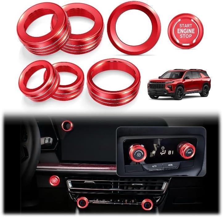 7PCS Aluminum Alloy Knob Cover Trim Set (Red) - Interior Upgrade Accessories, Control Knob Caps for Enhanced Grip, Compatible with 2024-2026 Chevy Traverse