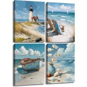 Danseed 4Pcs Blue Coastal Canvas Wall Art Ocean Bathroom Wall Decor Pictures Lighthouse Boat Chair Flower Painting for Bedroom Bathroom Home Office Decoration (10L"x8W")