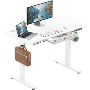 SHW 48-Inch Electric Height Adjustable Standing Desk with Drawer, Memory Preset and Cable Management Tray, White