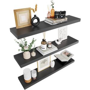 Colima Floating Shelves for Wall Black Wood Shelf for Bedroom, 36 Inch Wall Mounted Floating Shelves for Bathroom Living Room Kitchen Office, 1.3" Thick Floating Book Shelves for Wall, Set of 3