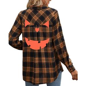 Halloween Shirt Women Pumpkin Face Shirt Funny Button Down Flannel Plaid Long Sleeve Tops Fall Clothes Outfits, M