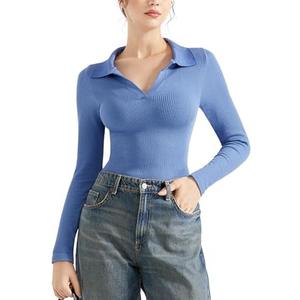 SUUKSESS Women Long Sleeve Ribbed V Neck Polo Shirts Collared Business Casual Slim Fitted Tops for Office Work. L