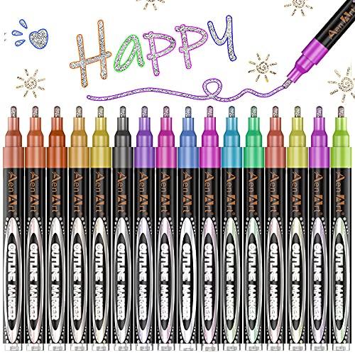 Aen Art Double Line Markers Outline Pens, Squiggles Shimmer Outline Marker Set, 16 Colors Doodle Shimmer Pen for Drawing, Making Card, Craft Project
