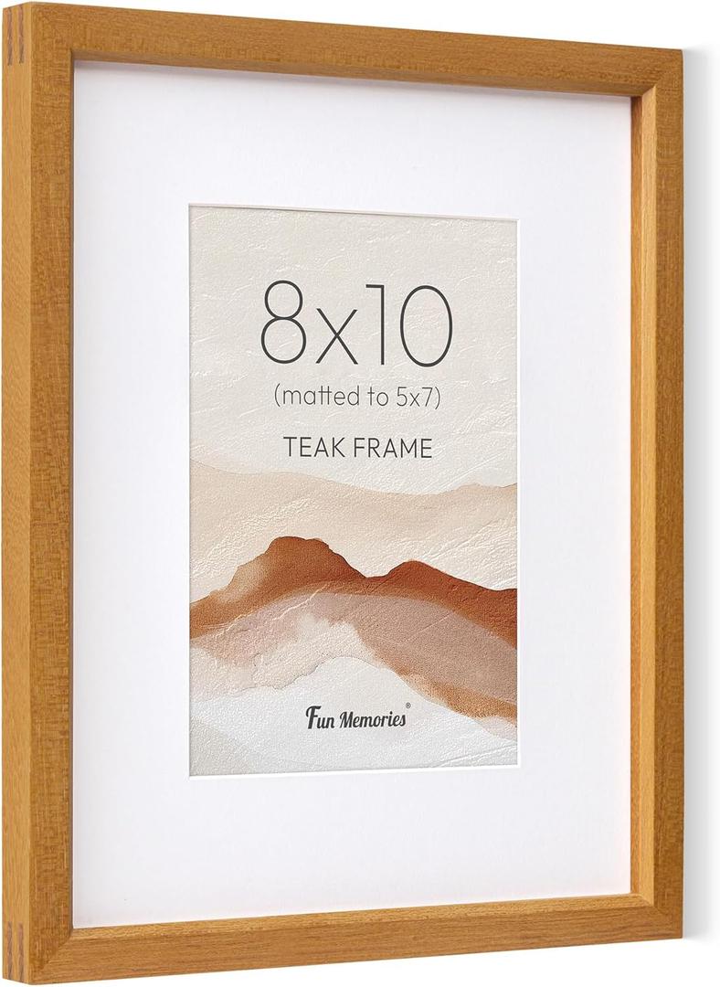 Fun Memories 8x10 Picture Frame, Natural Solid Teak Wood Photo Frame with HD Tempered Glass, Modern Simple 8x10 Wooden Frame Matted to 5x7, Wall or Tabletop Display