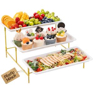 Lifewit 3 Tier Serving Tray for Party, 14" x 6.5" Plastic Tiered Food Serving Platters, White Tiered Tray Stand with Gold Collapsible Metal Stand, Decorative Dessert Table Display Set, Buffet Server