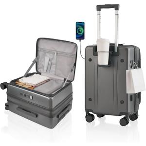 Expandable 20Inch Carry On Luggage Airline Approved - Top Opening Hardside Travel Suitcase Unbreakable -with Cup Holder,USB Charge,Side Pothook, 360Spinner Wheels, TSA Lock-Grey