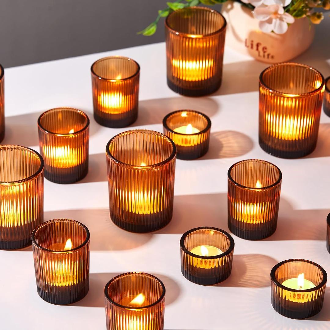 Mumufy 48 Pcs Assorted Votive Candle Holders Ribbed Glass Tealight Candle Holder Bulk for Table Centerpiece, Baby Shower, Home and Wedding Party Decoration (Amber)