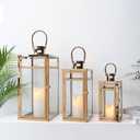 TRIROCKS Set of 3 Stainless Steel Candle Lantern 19'' High Metal Candle Holder with Clear Glass Panels Perfect for Home Decor Living Room Parties Events Tabletop Indoors Outdoors (Rose Gold)