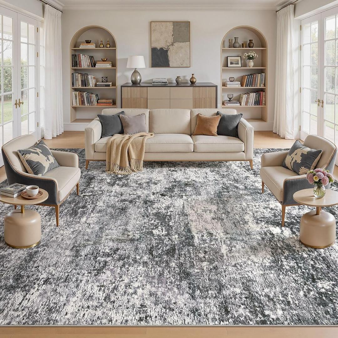 DMOYEST Area Rug Living Room Rugs - 10x14 Abstract Large Soft Indoor Washable Rug Neutral Modern Low Pile Carpet for Bedroom Dining Room Farmhouse Home Office - Grey
