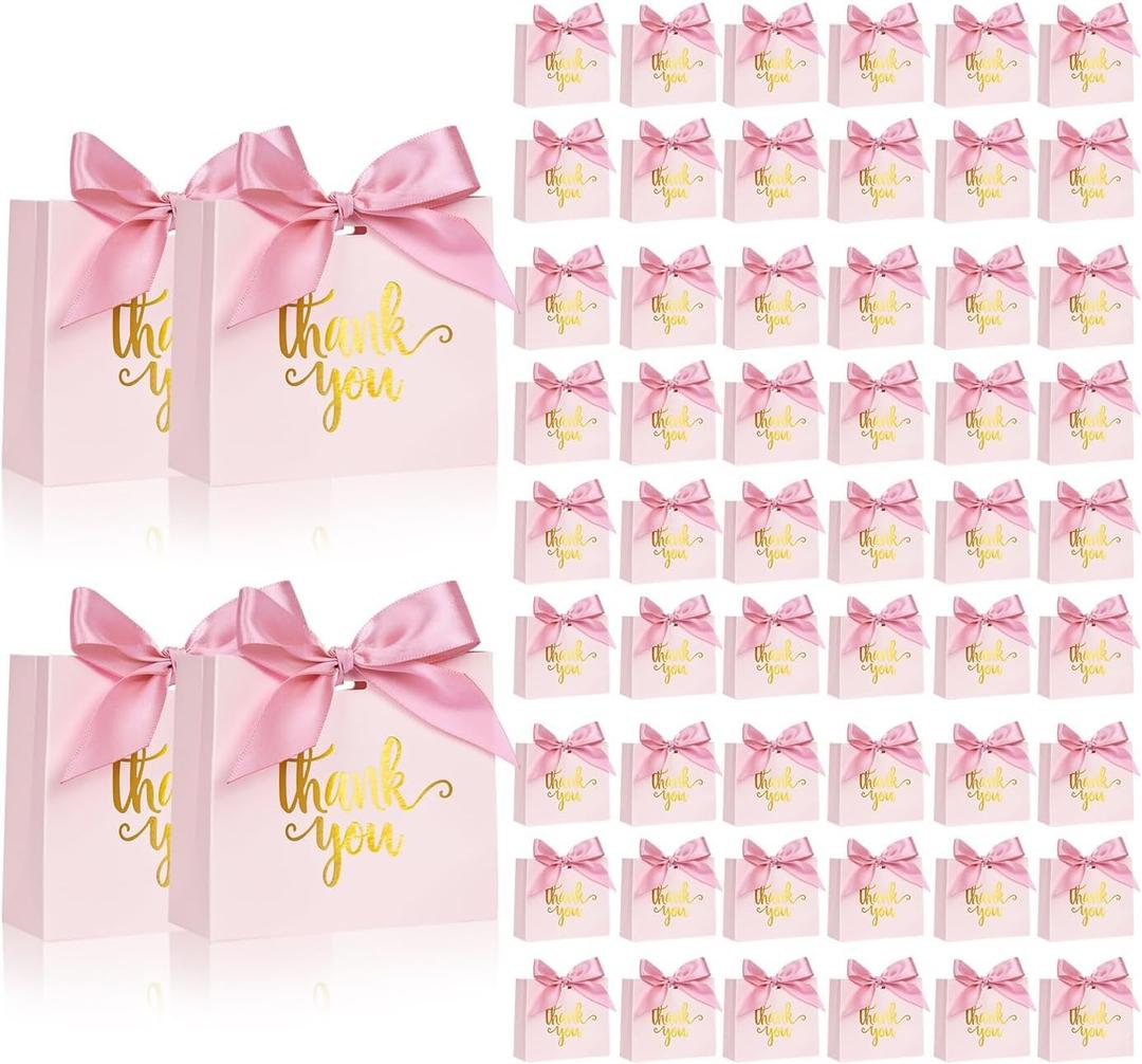 DECHISY 60Pack Small Thank You Gift Bags, 4.5x1.8x3.9 Inches Pink Mini Gift Bags Bulk with Ribbon Wedding Candy Favor Boxes Birthday Party Favor Bags for Baby Shower Anniversary