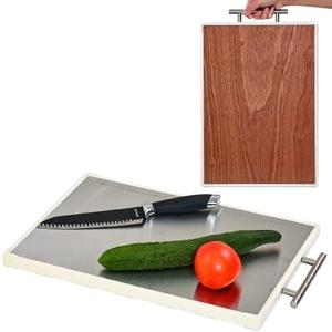 Rashid & Sid Stainless Steel cutting board, Wood & Stainless Steel double sided Cutting Board for kitchen, Non Toxic Kitchen Chopping Board with handle for Meat & Vegetables, Dishwasher Safe, 17 x 12