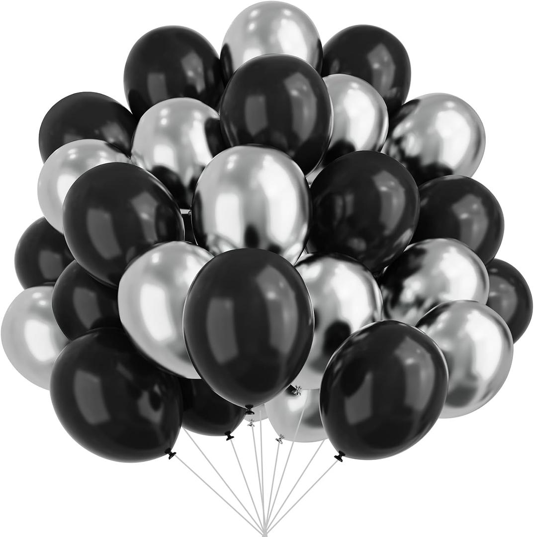 Black and Silver Balloons, 67pcs 12 Inch Metallic Silver and Black Balloons for Birthday, Baby Shower, Wedding, and Engagement Party Decoration