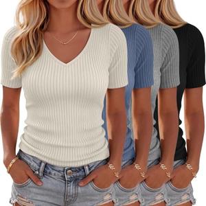 Neer 3 Pack Women's Cotton Short Sleeve T-Shirts V Neck Ribbed Slim Fit Tops Casual Summer Basic Tee Multipack(Black, Light Mixed Gray, Denim Blue, Cream,Medium)