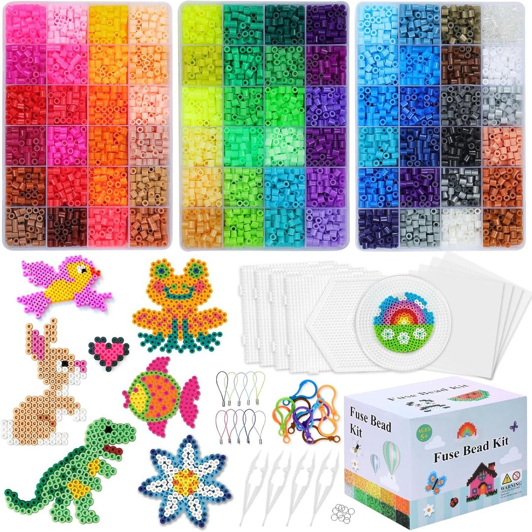 QUEFE Fuse Beads Kit of 72 Assorted Colors, 15000 5mm Beads Craft Kit Including Pegboard, Melting Beads, Ironing Paper, Tweezers & Colorful Hooks, Great Creative Arts and Crafts Set for Girls