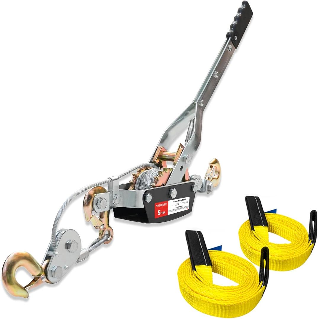YATOINTO Come Along Winch 5 Ton Hand Winch 9.84Ft with 3 Hooks Heavy Duty Dual Ratchet Cable Winch Puller with Two 1"x8FT Lifting Sling Automotive Towing Hoist Puller for Recovery Moving Securing, 5 Ton-New