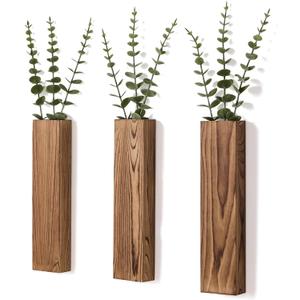 3 Pack Wooden Wall Planters with Fake Eucalyptus Stems, Modern Farmhouse Wood Vases Plants Wall Decor for Living Room, Bedroom, Bathroom (Dark Brown)