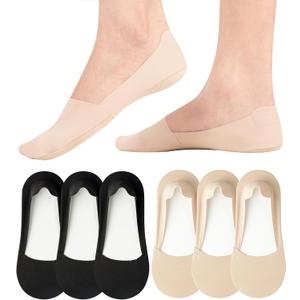 No Show Socks Women's Nylon Non Slip Low Cut Invisible Liner Footies Thin Silk Socks for Flats Loafers Lightweight 6 Pairs (5-8, 6 Pairs (3 Nude+3 Black))