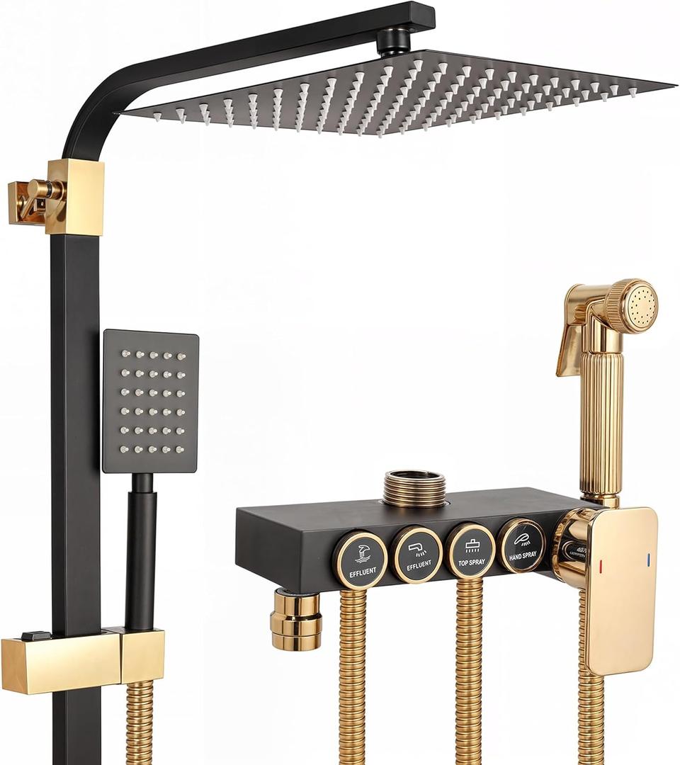 10-Inch Rain Shower Head with Handheld Spray Wand - Luxury Spa Rain Shower System with Waterfall Showerhead - Modern Square Rainfall Shower Head Set, 100% All Metal Parts (Matte Black/Gold)