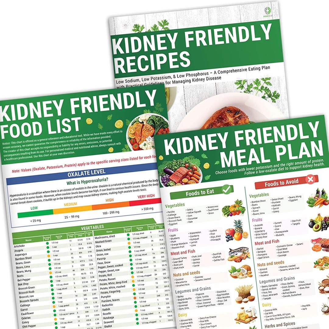 HAMIEW Set 3 Kidney Friendly Food List Chart, Renal Diet Disease Meal Plan, Kidney Recipes Support, Hyperoxaluria, Oxalate Level, Low Sodium Potassium Phosphorus for CKD Dialysis, Manage Hypertension