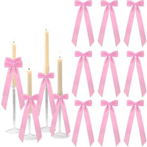 Meseey 12 Pcs Pink Candlestick Decoration Bows Candle Holder with 5X13.5 Inch Decorative Velvet Bows for Bridal Showers, Birthdays Centerpieces Table Decor(Pink)