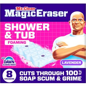 Mr. Clean Magic Eraser Sponge, Bathroom, Shower, Tub Cleaner, Soap Scum Remover, Bathroom Cleaning Supplies, Dawn Cleaning Power with Lavender Scent, Shower & Tub, 8ct