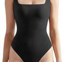 SUUKSESS Women Sexy Square Neck Thong Bodysuit Backless Sleeveless Tank Tops (Large, 01 Black)