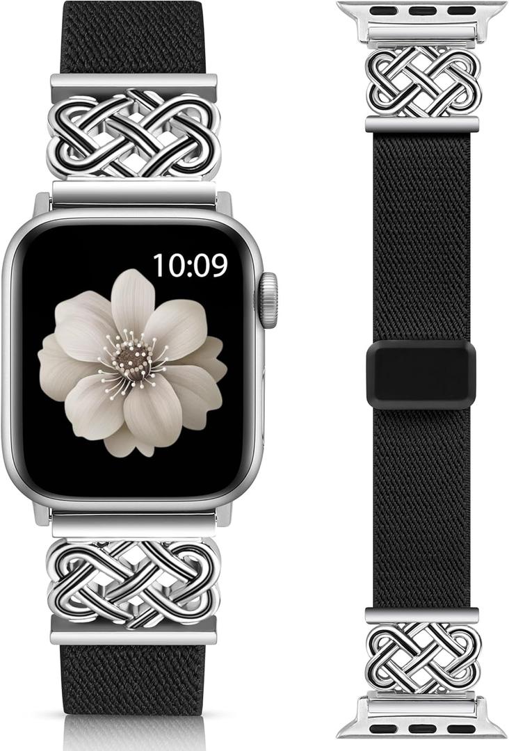 Minyee Magnetic Stretchy Band Compatible with Apple Watch Bands 42/ 44/ 45/ 46/ 49mm Women Men, Celtic Knot Soft Elastic Nylon Fabric Strap for iWatch Series 11 10 9 8 7 6 5 4 SE/ Ultra 3 2 1, Black/ Silver