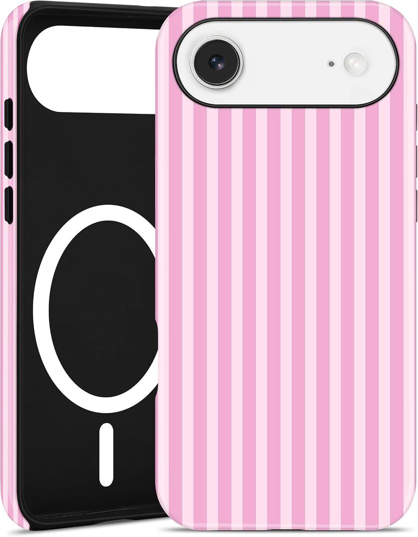 Magnetic Striped Phone Case for iPhone Air, Compatible with MagSafe, Cute Pink Aesthetic Stripe Soft TPU and Hard PC Shockproof Protective Phone Cover for Women Girls-Shiny