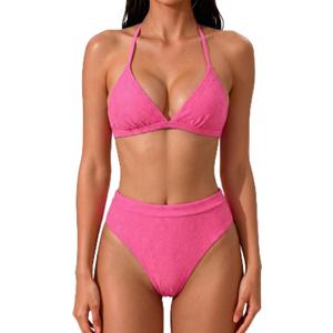 SUUKSESS Women Sexy Cheeky Triangle Bikini Sets Textured High Cut 2 Piece Bathing Suit Crisscross Back Tie Swimsuits V Neck High Waisted Swimwear（Hot Pink, L)