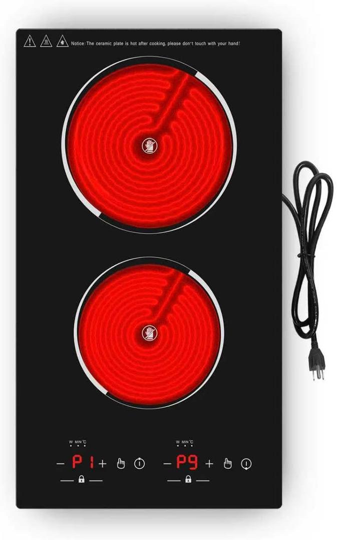 VBGK Electric Cooktop,12 Inch Built-in Radiant Electric Stove Top,110V 2100W 2 burner cooktop With 9 Heating Level, Timer & Kid Safety Lock, Sensor Touch Control 2 burner Induction Cooktop