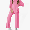 Haloumoning Girls Clothing Sets Summer Oversized T Shirts and Wide Leg Pants Kids Fashion 2 Piece Outfits 4-14 Years, Rose Red