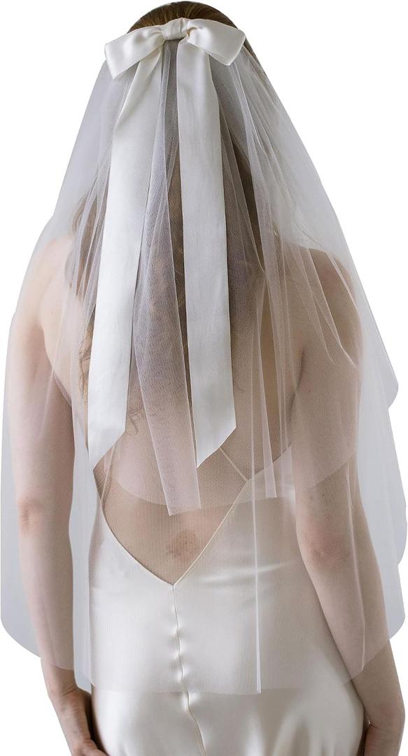 Bride Veils Bachelorette Party Veil White Bow Wedding Veil Soft Tulle Bridal Veils with Comb for Women and Girls (White)