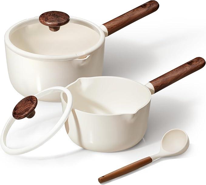 CAROTE 2QT & 3QT Sauce Pan Sets with Lid & Ladle Ceramic Nonstick Pot Set Non Toxic Saucepan Small Kitchen Cooking Pots, Easy to Clean, Induction Comptable, PFAS PTFE Free, White