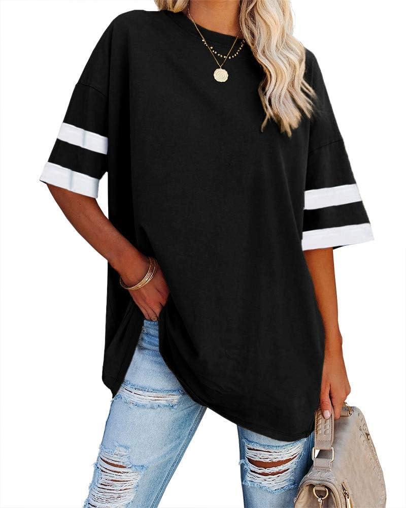 Fisoew Womens Oversized Tees Loose T Shirts Half Sleeve Crew Neck Color Block Cotton Tunic Tops (X-Large, Black)