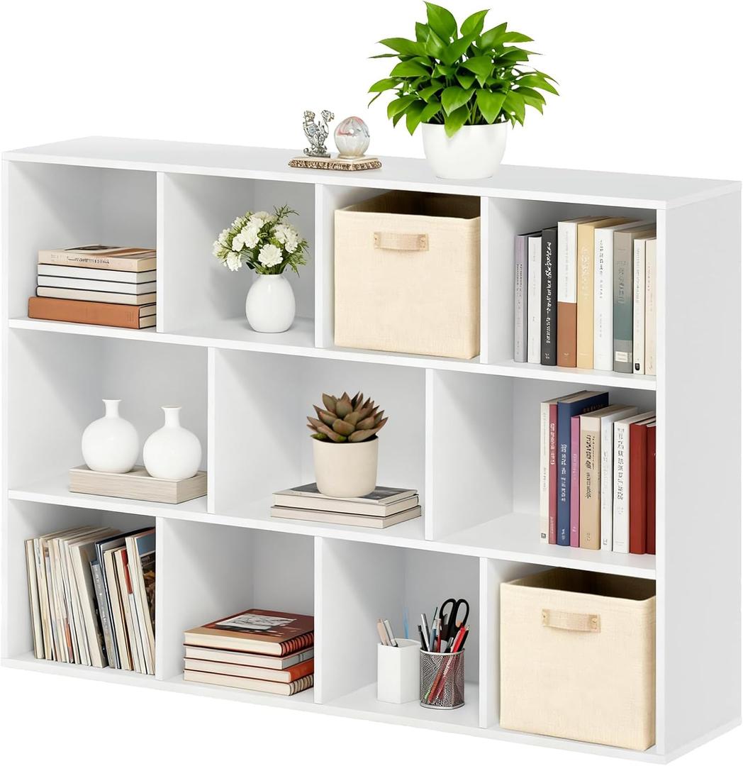 Whitmor 11 Cube Storage Organizer, 4 Tier Stackable Bookcase, Open Storage Display Bookshelf, Storage Cabinet for Living Room, Bedroom, Home, Office, 29.1" L x 9.4" W x 41.7" H, White
