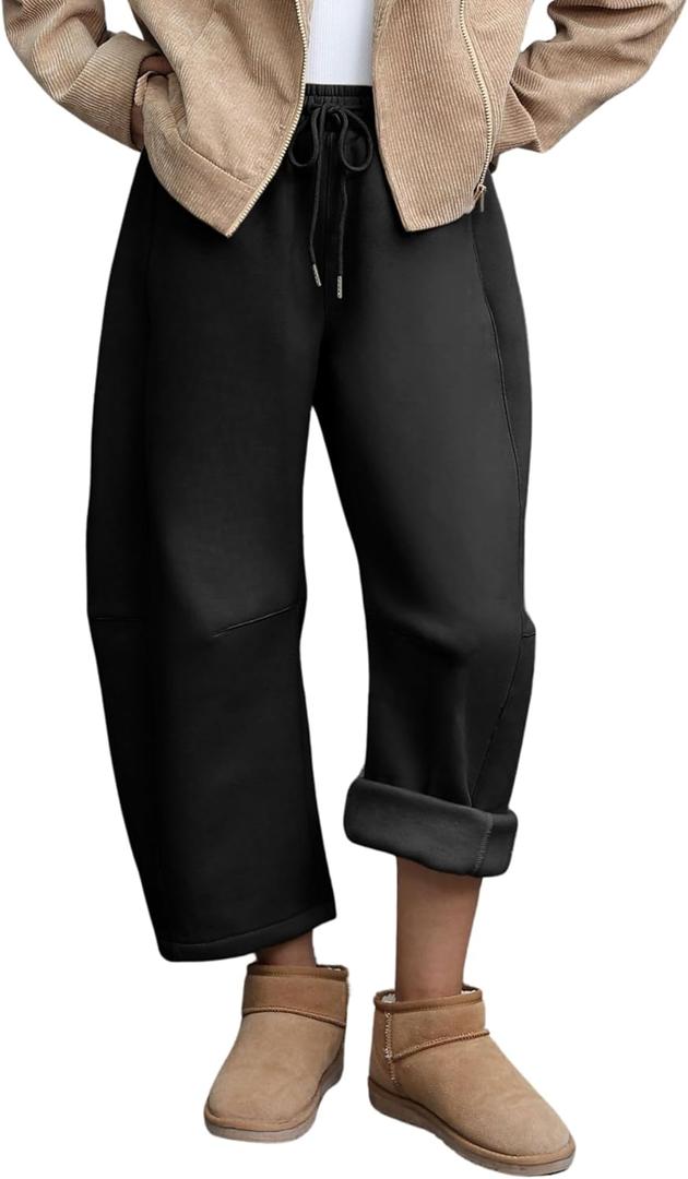 Hongsui Women's Baggy Sweatpants Fleece Lined Fall Winter Barrel Leg Pants Casual Drawstring Palazzo Pants with Pockets (Black, S)