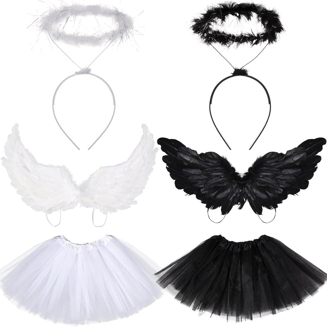 6 Pcs Halloween Angel Costume Set Feather Wings Wreath Headband Set 3 Layered Tulle Tutu Skirt Black and White Angel Costume for Girls Kids Halloween Xmas Cosplay Party Accessory